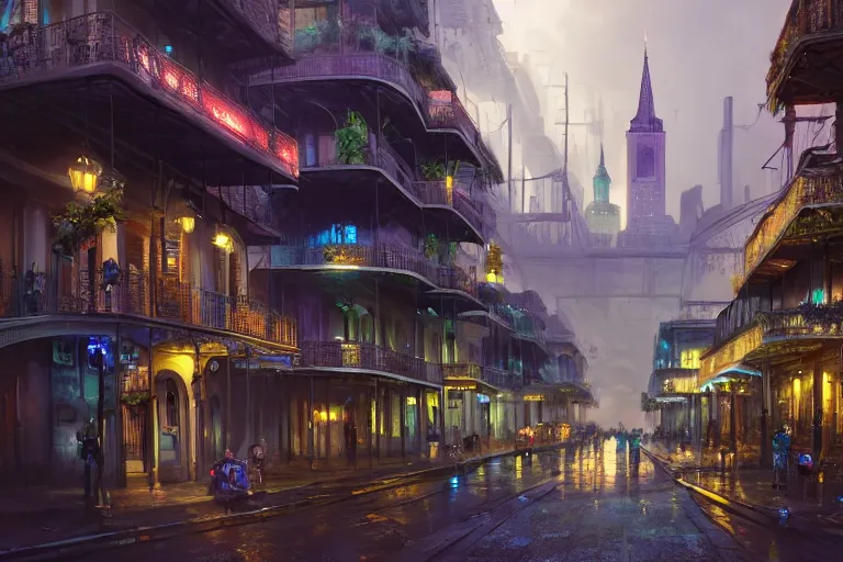 Prompt: a beautiful digital matte painting of futuristic cyberpunk french quarter, new orleans, by eddie mendoza and david lozeau and raphael lacoste, 8 k, detailed, artstation