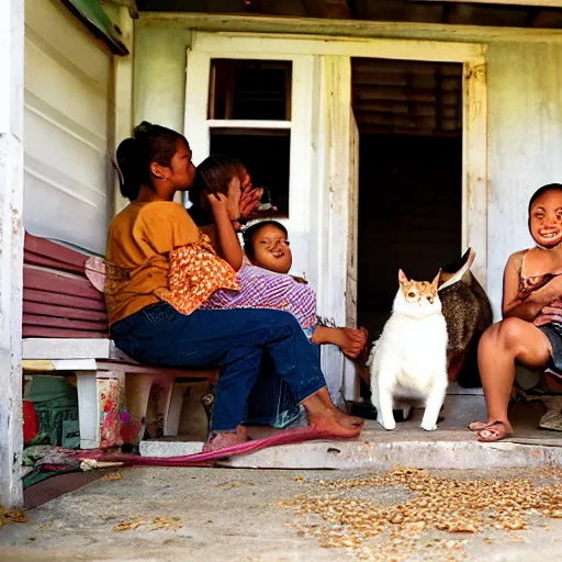 Prompt: a comunity pix of a group of people sitting on a porch with cats in a scence with a dog running behind. adopt, and biting. impoverished, medium - sweet, and bite - size. accent colors in coco malt, sulu, bengal, and rice bowl.
