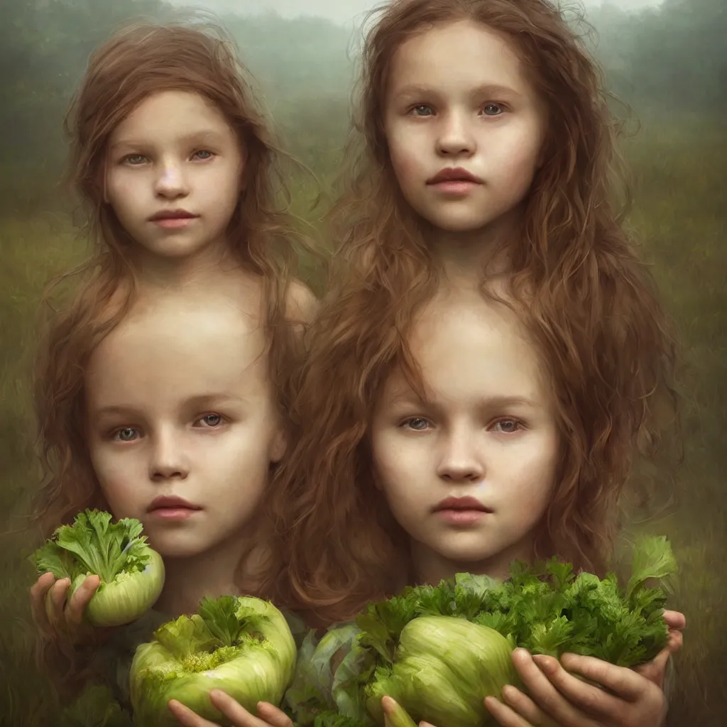 Image similar to Beautiful aesthetically pleasing single female child portrait, face centered portrait, ((only one face)) Confident holding vegetables, lush farm lands, fog, volumetric lighting beautiful, golden hour, sharp focus, ultra detailed, conceptartworld by Leesha Hannigan, Ross Tran, Thierry Doizon, Kai Carpenter, Ignacio Fernández Ríos