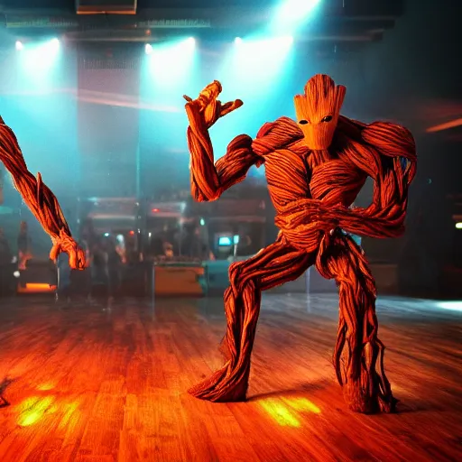 Image similar to groot and optimus prime dancing at techno party among people, wide shoot, octane render, ultra realistic