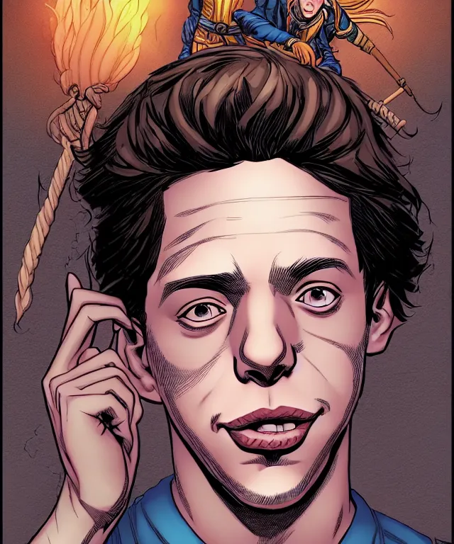 Prompt: a ( fantasy comic ) ( cover art ) portrait of a village idiot who looks like ( pete davidson ), digital illustration by jenny frison and sana takeda and kentaro miura, fine inking lines, vivid colors, dnd, highly detailed!, hd, 4 k, trending on artstation