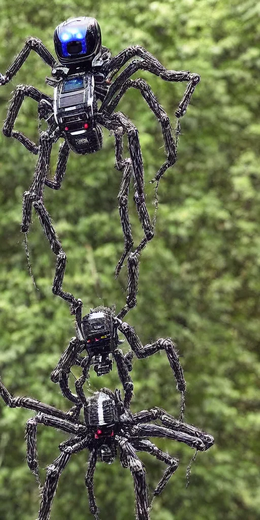 Prompt: a robotic spider crawling over a tree. zoom in.