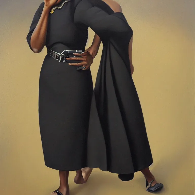 Image similar to a painting of a woman wearing a black dress, a portrait by kadir nelson, trending on cgsociety, afrofuturism, hyper realism, detailed painting, rococo