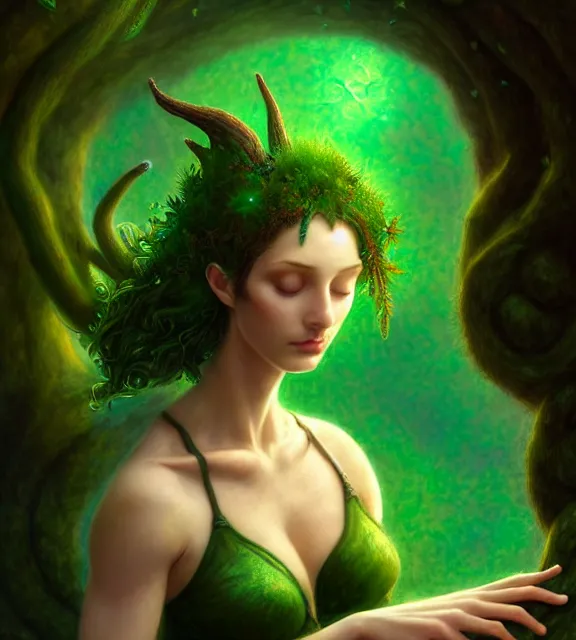 Prompt: ancient library with beautiful female spriggan wearing green leaf halter top, perfect face, dark green leaf hair, with abs, cinematic, blush, stunning, elegant, highly detailed, psychedelic, digital painting, artstation, smooth, hard focus, illustration, art by jessica rossier and and brian froud