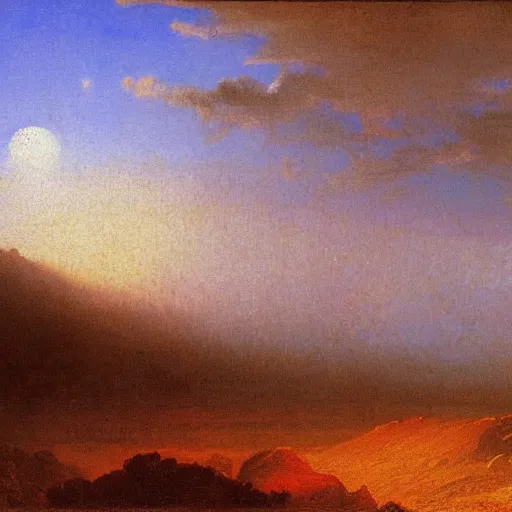 Image similar to rainbow on the moon, landscape, albert bierstadt