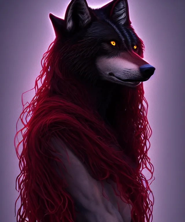 Prompt: award winning portrait of a anthropomorphic black male wolf long red hair. artstation, artistic lighting, highly detailed, photorealistic, fantasy