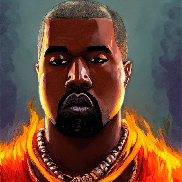 Image similar to Kanye West as a firebender, portrait, elegant, intricate, digital painting, artstation, concept art, smooth, sharp focus, illustration, art by konstantin korovin and Daniel F. Gerhartz and john howe