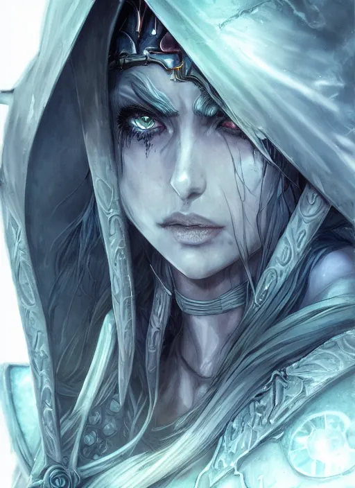 Image similar to close up portrait of sylvanas windrunner, pale blue backlight, powerful, domineering, stoic, masterful, intense, ultrafine hyperdetailed illustration by kim jung gi, irakli nadar, intricate linework, sharp focus, octopath traveler, yoji shinkawa, highly rendered, detailed, concept art