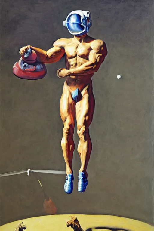 Image similar to bodybuilder in an astronaut helmet and costume lifts a statue of a horse, highly detailed painting by francis bacon, edward hopper, adrian ghenie, gerhard richter, and james jean soft light 4 k,