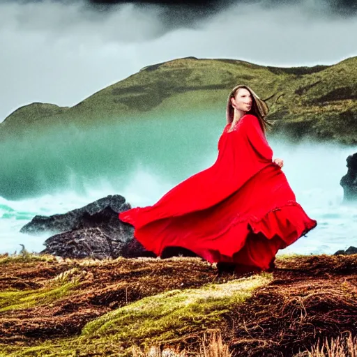 Image similar to dark and moody 1 9 7 0's artistic spaghetti western film in color, a woman in a giant billowy wide long flowing waving red dress, standing inside a green mossy irish rocky scenic landscape, crashing waves and sea foam, volumetric lighting, backlit, moody, atmospheric, fog, extremely windy