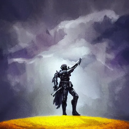 Prompt: a full body shot from distance of a great soldier with a yellow and blue flag standing in the beam of light from the clouds in a triumph after battle, western, masculine figure, D&D, fantasy, intricate, elegant, highly detailed, digital painting, artstation, concept art, matte, sharp focus, symmetrical, illustration, art by Artgerm and Greg Rutkowski and Alphonse Mucha