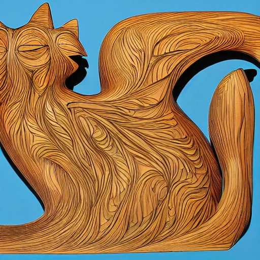 Image similar to kashmire motif of cats dissolving, made of wood, by moebius