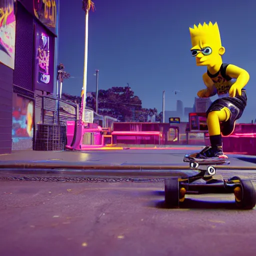 Prompt: (Night City Cyberpunk 2077) Bart Simpson skateboarding at a playground, muted cyberpunk style, high energy, desolate, atmospheric, hazy, sweltering, autochrome, 8K, 4K, reflections, octane render, unreal engine 5