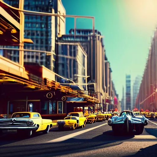 Image similar to street scene, retro futuristic vintage shiny polished traffic mainly cars and motorcycles, volumetric lighting, beautiful, day time, spring, sunny weather, sharp focus, highly detailed, photorealistic, 4 0 0 0 k, f 1. 4, cgsociety