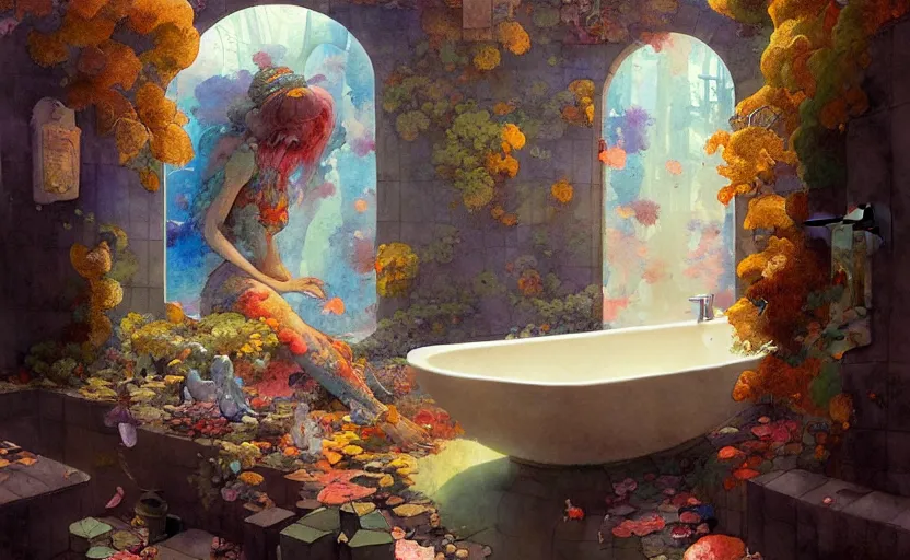 Image similar to bathroom, fantasy. intricate, amazing composition, colorful watercolor, by ruan jia, by maxfield parrish, by marc simonetti, by hikari shimoda, by robert hubert, by zhang kechun, illustration, gloomy