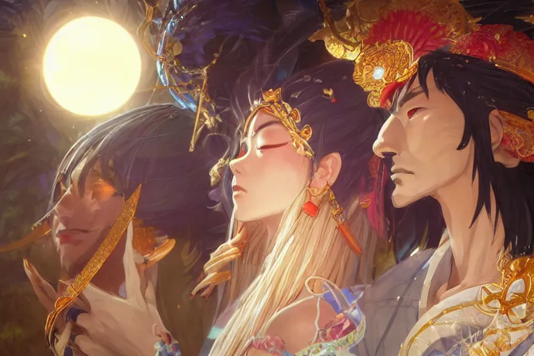 Image similar to close up moment of a divine a japan sun god and a moon goddess lovers magician at a wedding banquet, highly detailed, d & d, fantasy, 4 k realistic, digital painting, trending on artstation, concept art, sharp focus, illustration, art by makoto shinkai and akihiko yoshida and daniel gerhartz