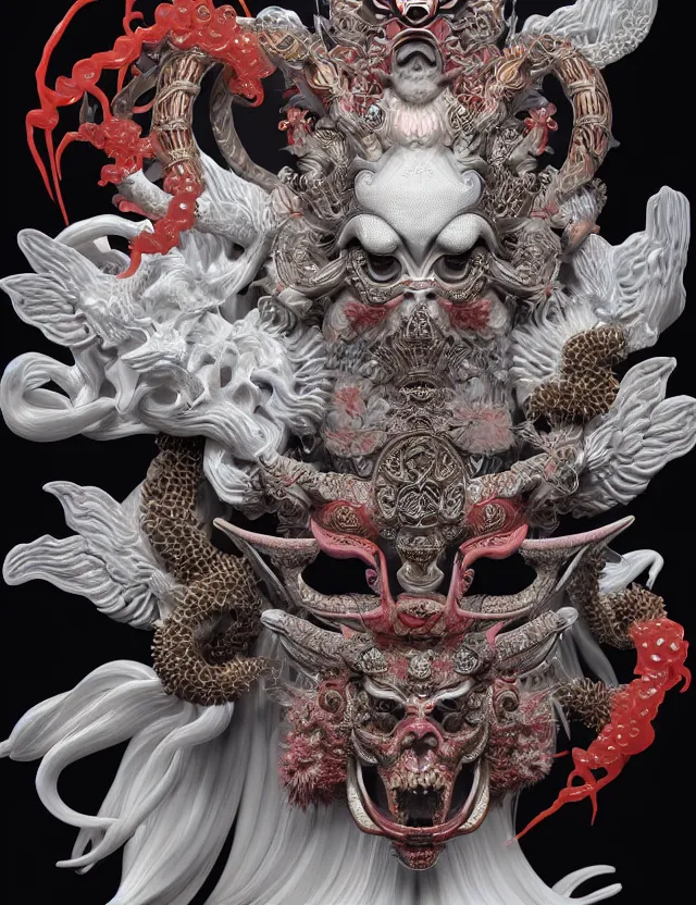 Image similar to 3 d goddess close - up profile satan biohazard portrait with crown, ram skull. beautiful intricately detailed japanese crow kitsune mask and clasical japanese kimono. betta fish, jellyfish phoenix, bio luminescent, plasma, ice, water, wind, creature, artwork by tooth wu and wlop and beeple and greg rutkowski