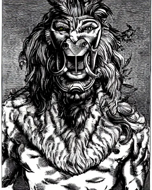 Image similar to a creature with the body and eyes of a man, with the beak of an eagle, the mane of a lion, and the horn of a bull. drawn by moebius