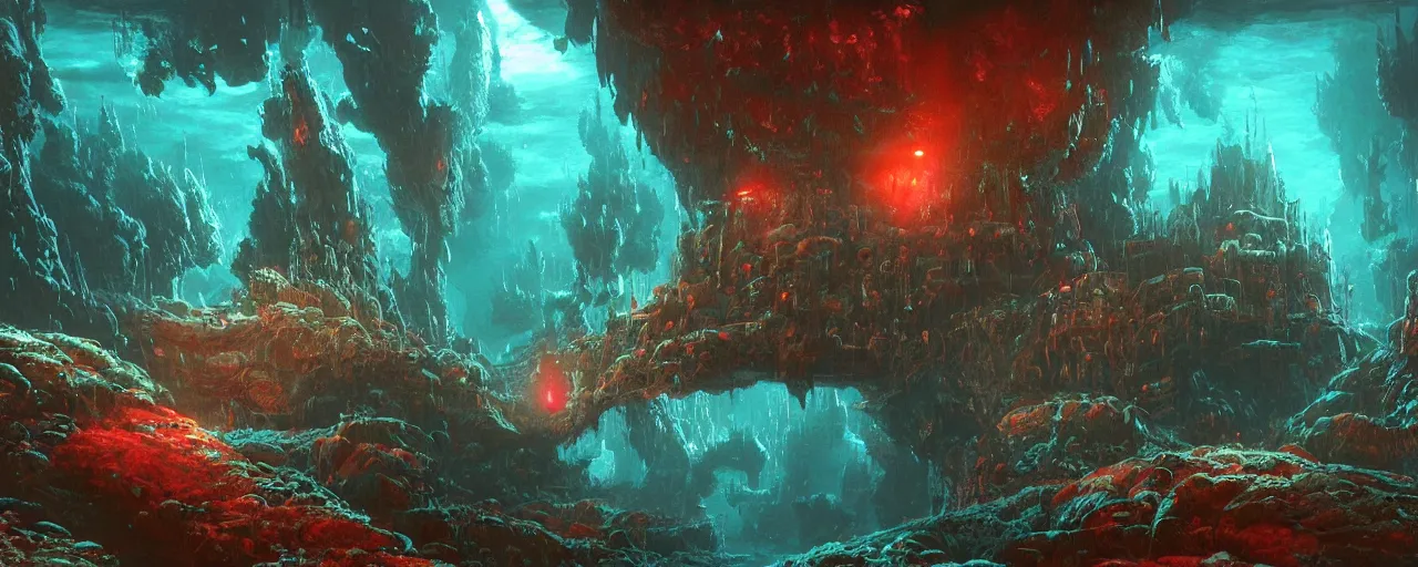 Image similar to ” underwater otherwordly landscape, [ deepsea, cinematic, detailed, epic, widescreen, opening, establishing, mattepainting, photorealistic, realistic textures, octane render, art by slop and paul lehr ] ”