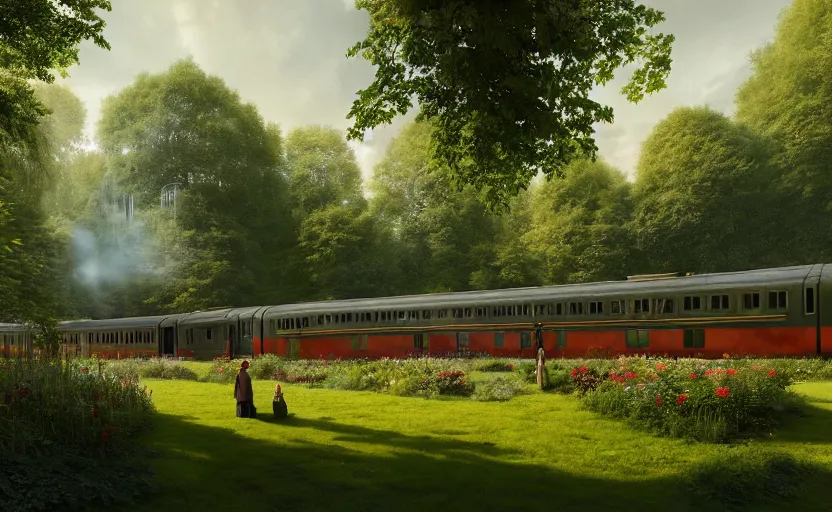 Image similar to exterior shot of utopian train station on in the middle of an english garden with cinematic lighting by peter zumthor and renzo piano, darek zabrocki and greg ruthkowski, simon stalenhag, cinematic, holy place, paradise, scifi, futurism, atmospheric, concept art, artstation, trending on artstation