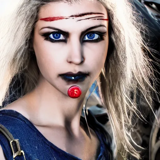 Image similar to close up headshot of a skinny female high-fantasy elf with a long face narrow chin and spiky blonde hair wearing dark brown overalls and holding a bomb next to a destroyed car, gel spiked blond hair, small ears, narrow lips, high resolution film still, HDR color