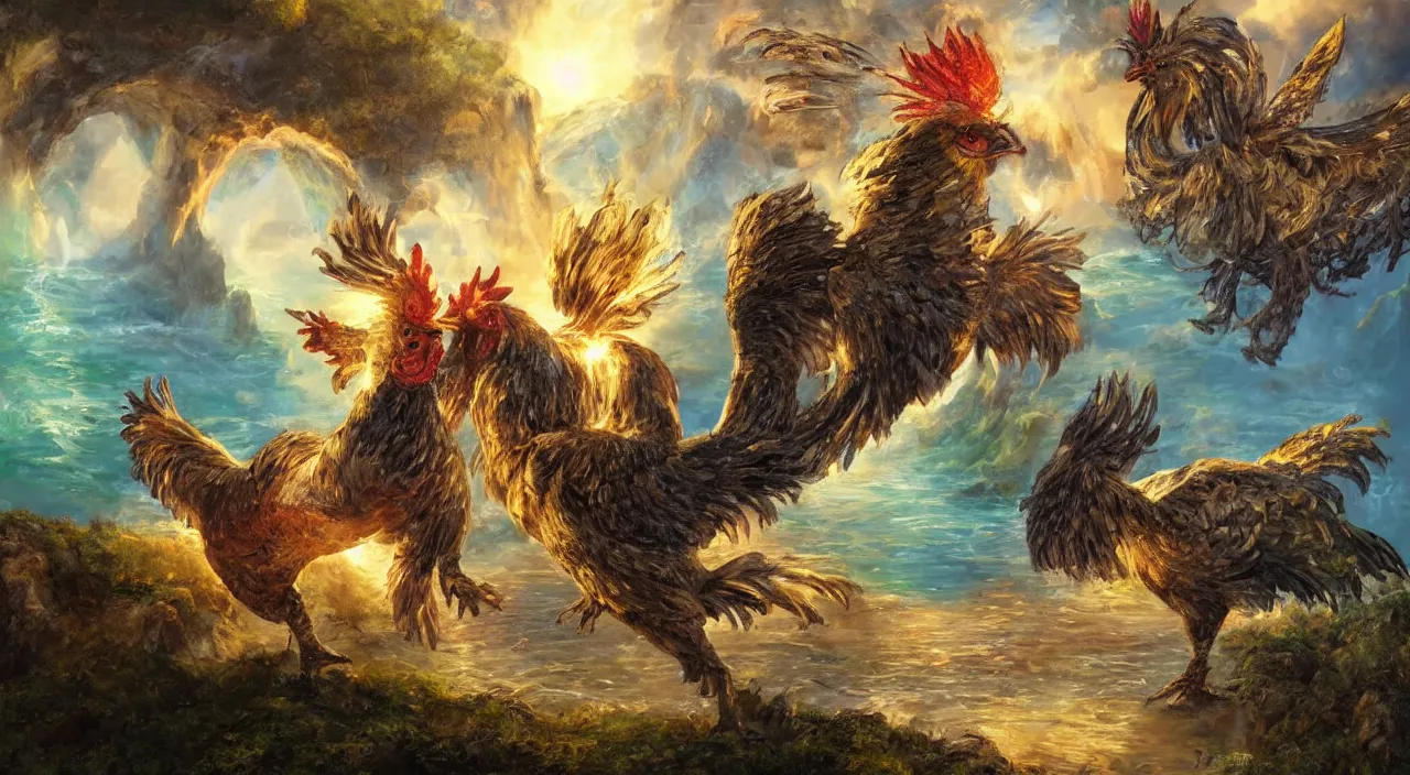 Image similar to knight fighting a giant rooster in front of a waterfall, fantasy, sunshine, holy, light rays, in the style of boris vallejo