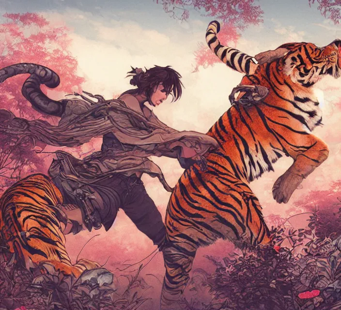 Image similar to a girl fighting a tiger, full shot, visible face, ambient lighting, detailed, art by ayami kojima, makoto shinkai, kilian eng