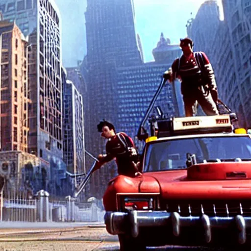 Prompt: a still of from the movie ghostbusters crossover with the game chrono trigger