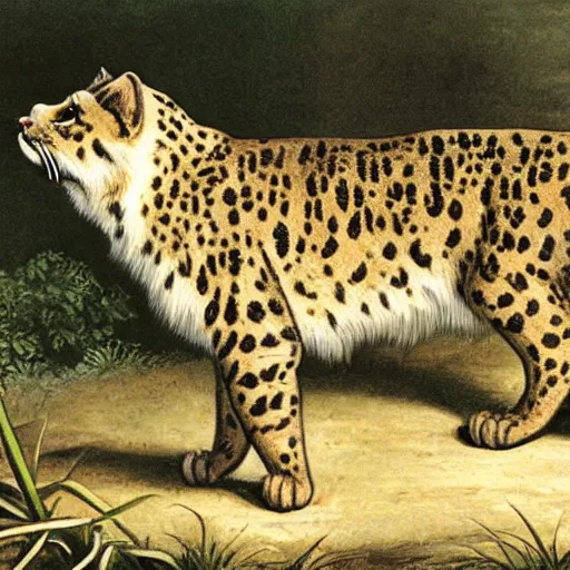 Image similar to an extinct sabertooth cat, cat with huge fangs, naturalist illustration