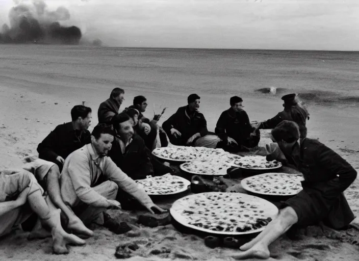 Image similar to vintage photo of a pizza party on omaha beach in normandy with explosions in the background