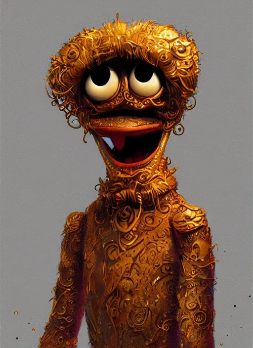 Image similar to occult muppet with glowing haunted eyes, metal skin, intricate, elegant, highly detailed, centered, digital painting, artstation, concept art