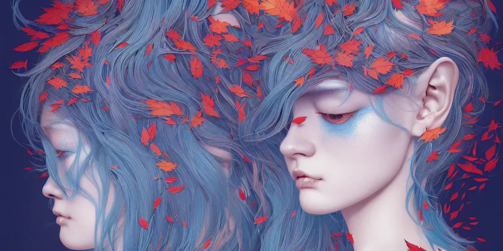 Image similar to breathtaking detailed concept art painting pattern of blue hair faces goddesses amalgamation autumn leaves with anxious piercing eyes, by hsiao - ron cheng and james jean, bizarre compositions, exquisite detail, extremely moody lighting, 8 k