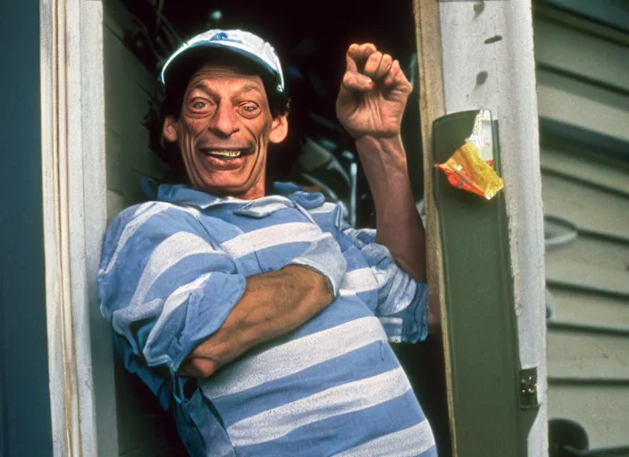 Image similar to photo of jim varney as ernest p worrell as a garbage collector, 8 k, 8 5 mm f 5. 6