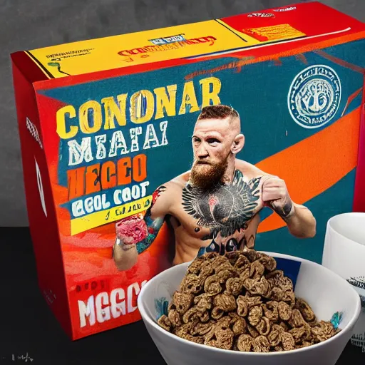 Prompt: conor mcgregor breakfast cereal box and bowl, product advertisement, photograph, close-up, professional photograph, well-lit, 8k DSLR,