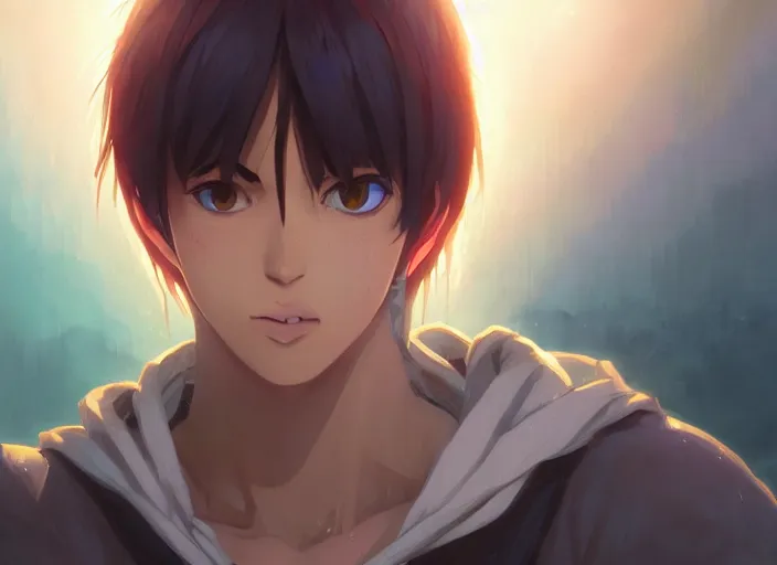 Image similar to highly detailed portrait of eren jaeger, in no game no life, stephen bliss, 8 k, unreal engine, fantasy art by greg rutkowski, loish, rhads, ferdinand knab, makoto shinkai and lois van baarle, ilya kuvshinov, rossdraws, tom bagshaw, global illumination, radiant light, detailed and intricate environment