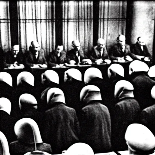 Prompt: The minions at the Nuremberg trials, monochrome, very low contrast, noise