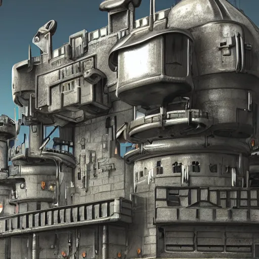 Prompt: photo of a futuristic metal castle with machine guns and rocket launchers on the walls