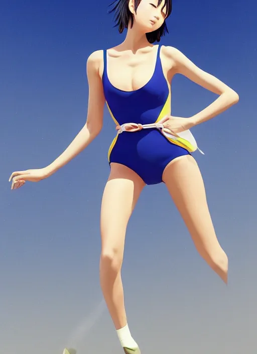 Prompt: gorgeous young cute Japanese girl wearing sport racing competitive one piece swimsuit leotard, expressing joy and posing. Worksafe, elaborate polished, trending on ArtStation, by Ilya Kuvshinov.