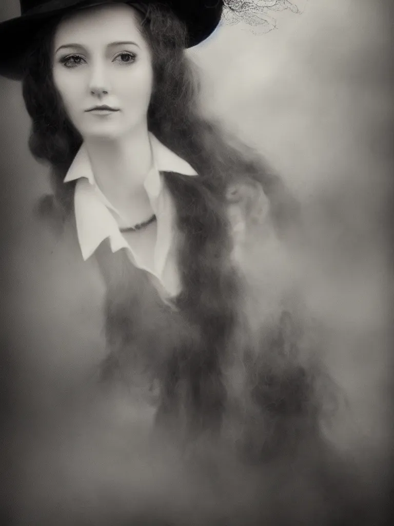 Image similar to Close up portrait of an elegant long haired lady wearing a gentleman suit and tophat in anime style, highly detailed, matte painting, noir, 70s, americana, photorealistic, ethereal ghostly atmosphere