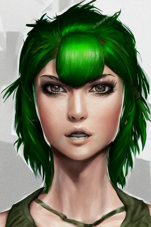 Prompt: female mercenary guard, bright green hair, pretty face, ultra detailed, digital art, 8k ,character ,realistic, portrait, hyperrealistic