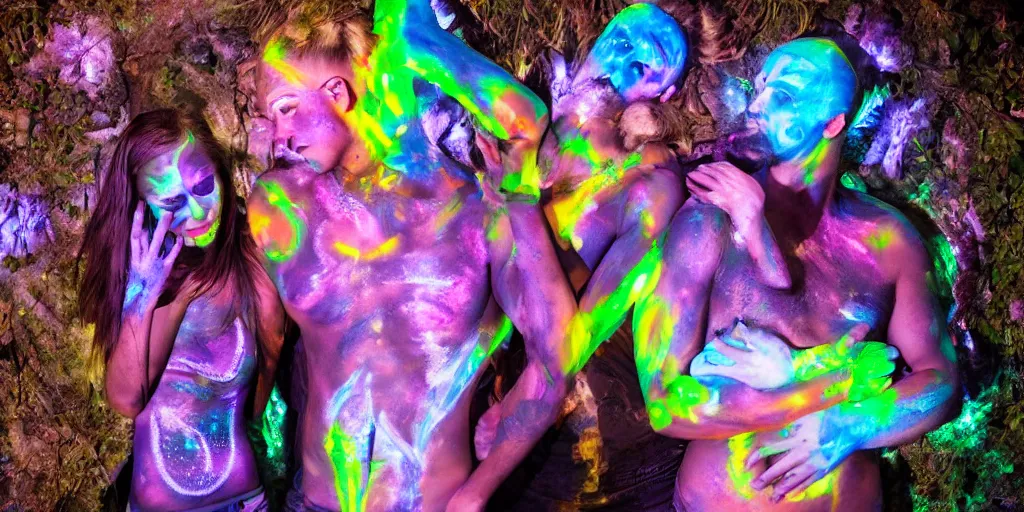 Image similar to love, people with glowing body paint, rebirth symbolism, wide angle, cinematic atmosphere, elaborate, UV, Blacklight, highly detailed, dramatic lighting