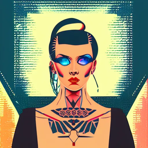 Prompt: a portrait of tattooed slavic woman in retro colors, synthwave style, 2 d digital vector art