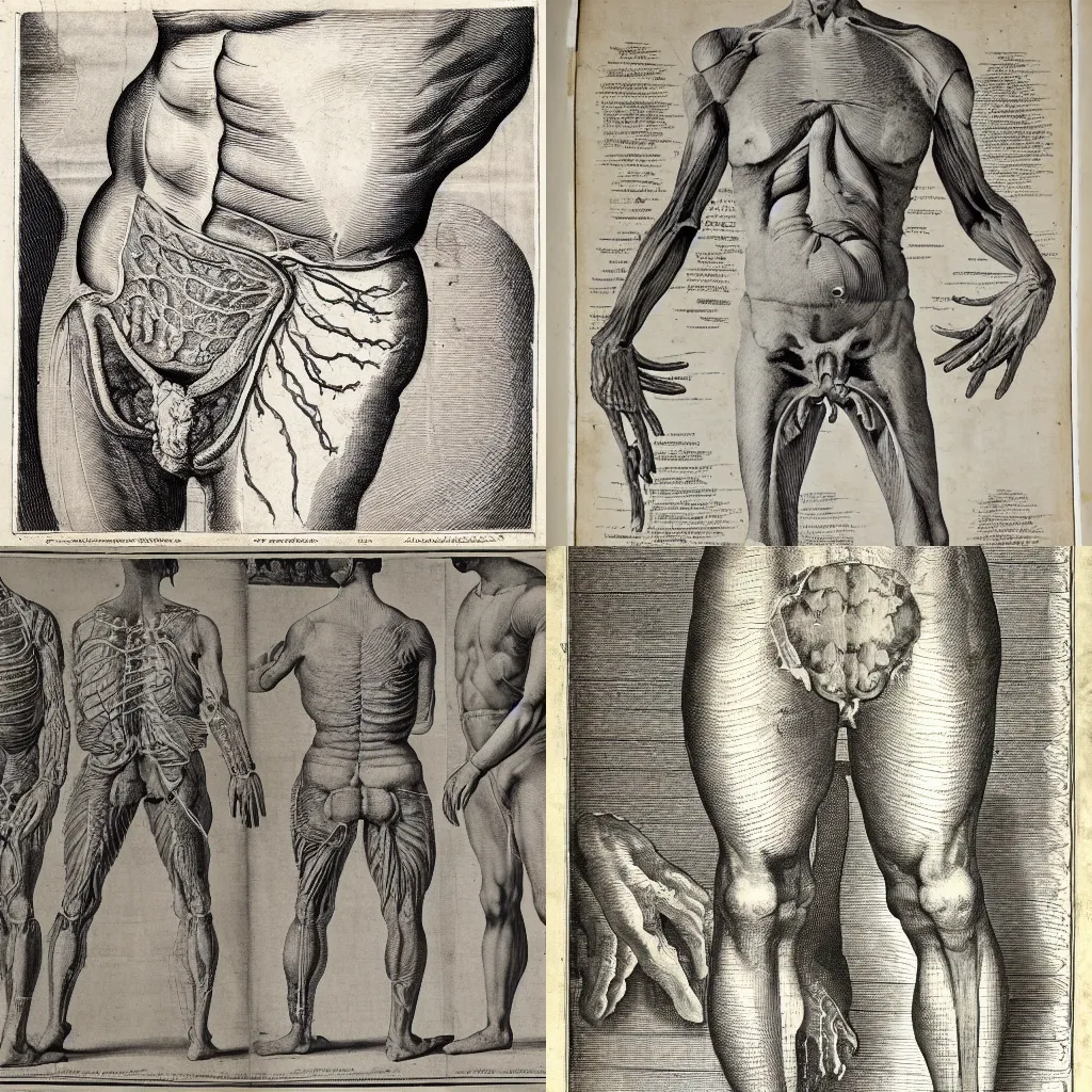 Prompt: Dissection of abdominal organs, Vesalius, engraving