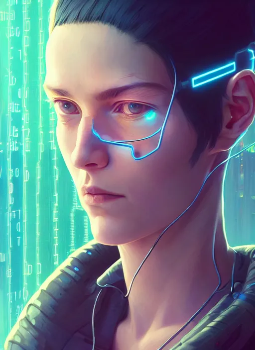 Prompt: highly detailed portrait of a cyberpunk sci - fi hacker, wires connect to the head, stephen bliss, unreal engine, greg rutkowski, loish, rhads, beeple, makoto shinkai and lois van baarle, ilya kuvshinov, rossdraws, tom bagshaw, alphonse mucha, global illumination, detailed and intricate environment