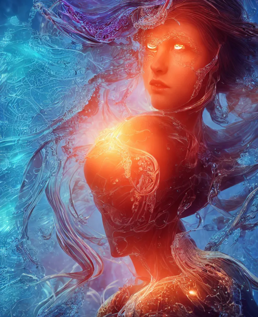 Image similar to close-up macro portrait of the face of a beautiful princess, epic angle and pose, symmetrical artwork, 3d with depth of field, blurred background, cybernetic jellyfish female face skull phoenix bird, translucent, nautilus, energy flows of water and fire. a highly detailed epic cinematic concept art CG render. made in Maya, Blender and Photoshop, octane render, excellent composition, cinematic dystopian brutalist atmosphere, dynamic dramatic cinematic lighting, aesthetic, very inspirational, arthouse. y Greg Rutkowski, Ilya Kuvshinov, WLOP, Stanley Artgerm Lau, Ruan Jia and Fenghua Zhong