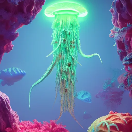 Prompt: bioluminescent alien jellyfish aquarium with glowing alien coral, alien electric eels and crabs made out of crystals, intricate artwork by tooth wu and wlop and beeple. octane high render, trending on artstation, greg rutkowski, hyper realistic, ultra detail, 8 k