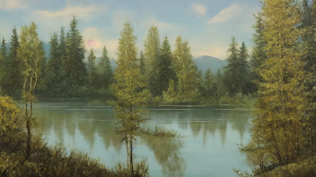 Prompt: Oil painting of a lake between a forest