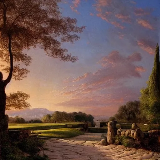 Image similar to a painting of a sunset in a park, an art deco matte painting by Edwin Deakin, pinterest, stone paths with a stone wall, pavilion, columns, vines, german romanticism, detailed painting, pre-raphaelite