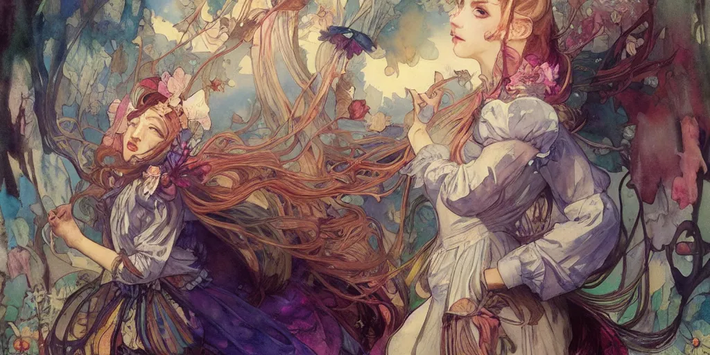Image similar to a beautiful insanely intricate watercolor painting of alice in wonderland, reflexions, colorfull, by william turner art, by greg rutkowski, by alphonse mucha, by james jean, by rossdraws, by frank franzzeta, by sakimichan, trending on artstation, insanely detailed, masterpiece,