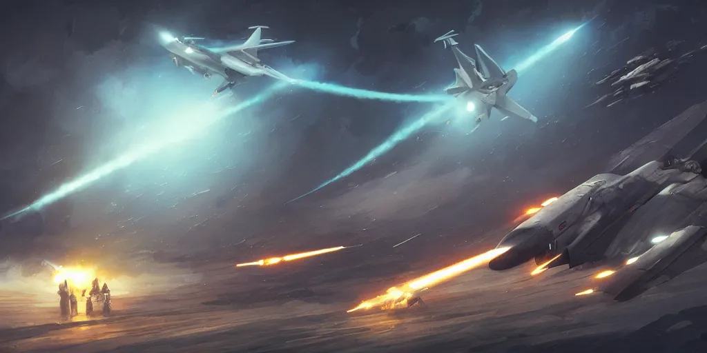 Image similar to fighter jets attacking alien spaceship, full frame, digital art illustrated by greg rutkowski and moebius and loish and artgerm, painterly, illustration, backlit, rendering, highly detailed 8 k, intricate, lifelike, soft light, concept art, cinematic lighting, intricate details, octane rendering, trending on artstation, featured on behance masterpiece